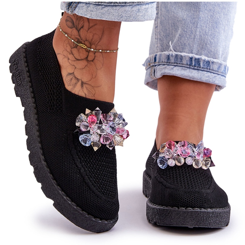 PM1 Baskets à enfiler pour femmes avec pierres Noir Simple le noir