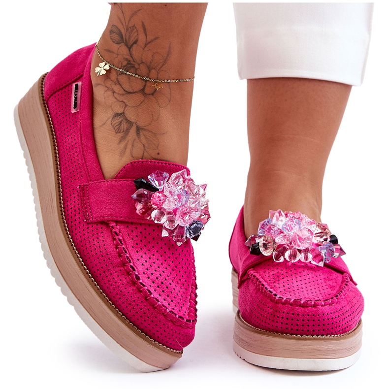PM1 Mocassins Plateforme Femme Avec Pierres Fuchsia Elonore rose