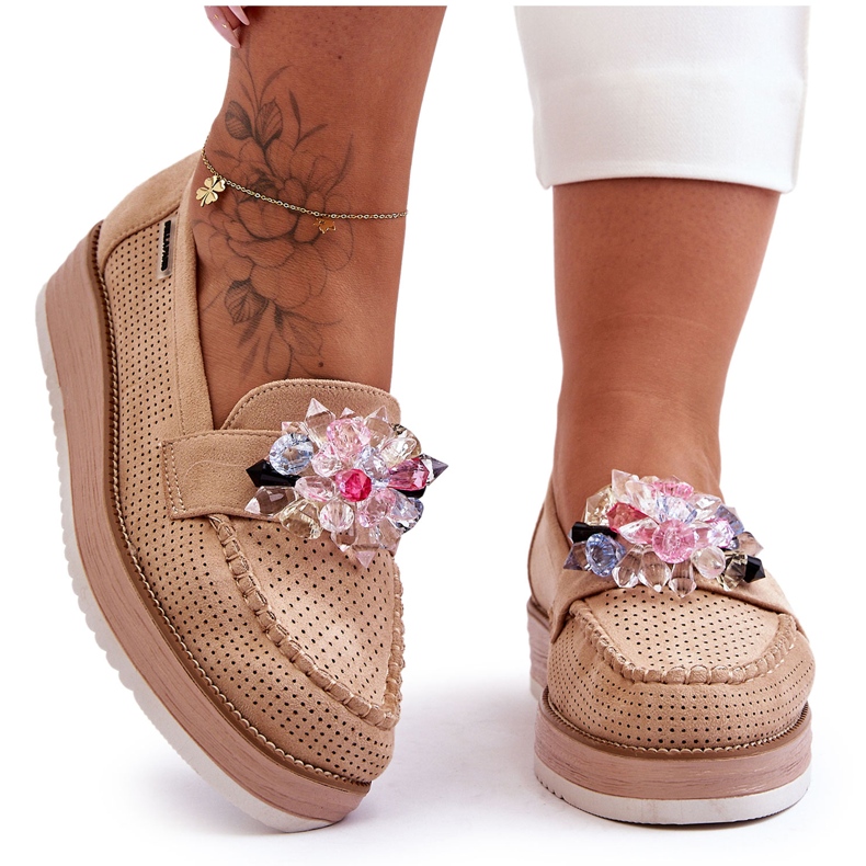 PM1 Mocassins Plateforme Femme Avec Pierres Beige Elonore PM1 Mocassins Plateforme Femme Avec Pierres Beige Elonore