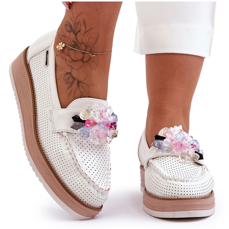 PM1 Mocassins Plateforme Femme Avec Pierres Blanc Elonore blanche