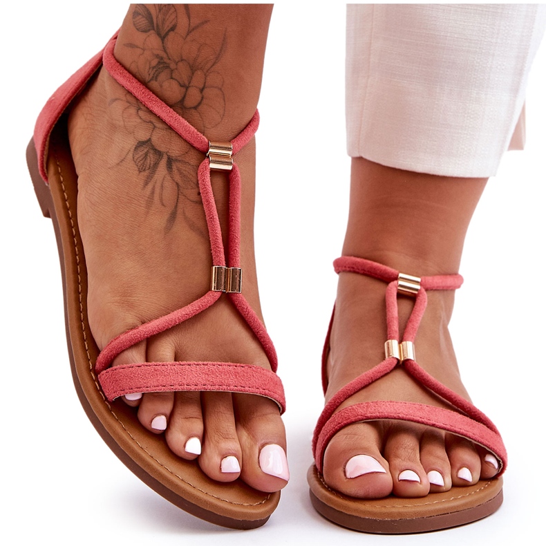 Sandales plates à glissière corail pour femmes rouge