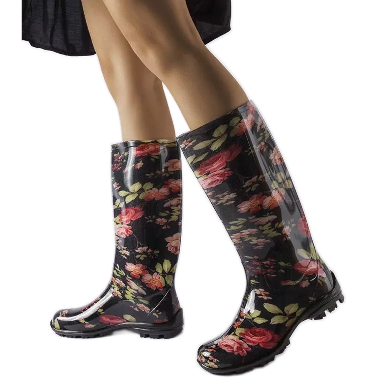 Bottes hautes noires à roses Pimen blanche