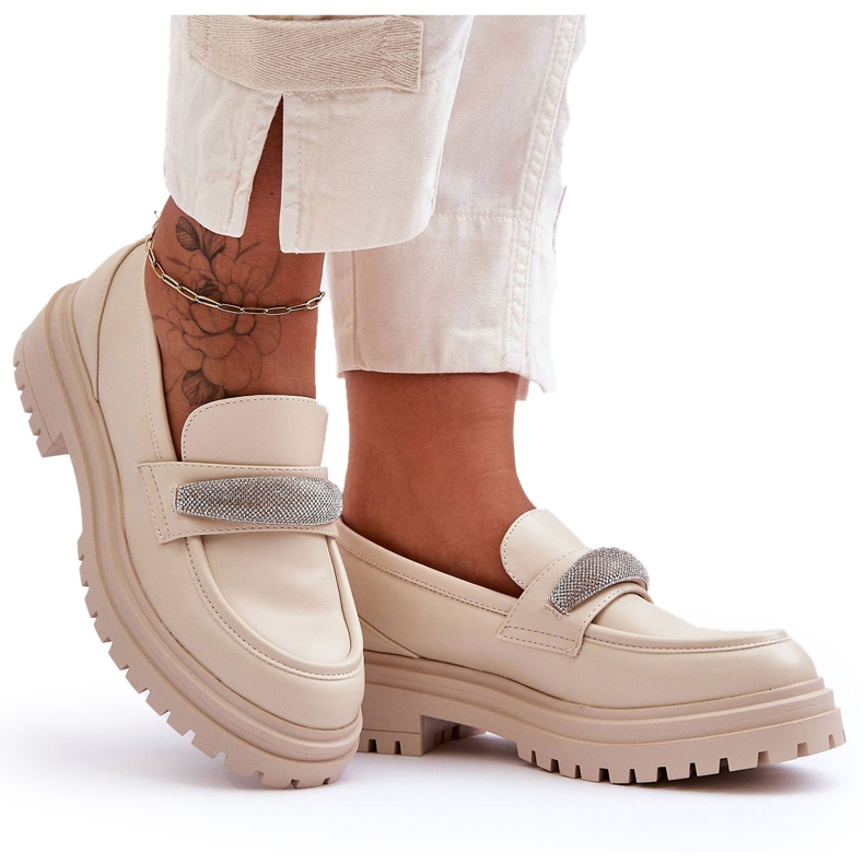 PG1 Aricka's Chunky Mocassins En Cuir Avec Des Embellissements Beiges
