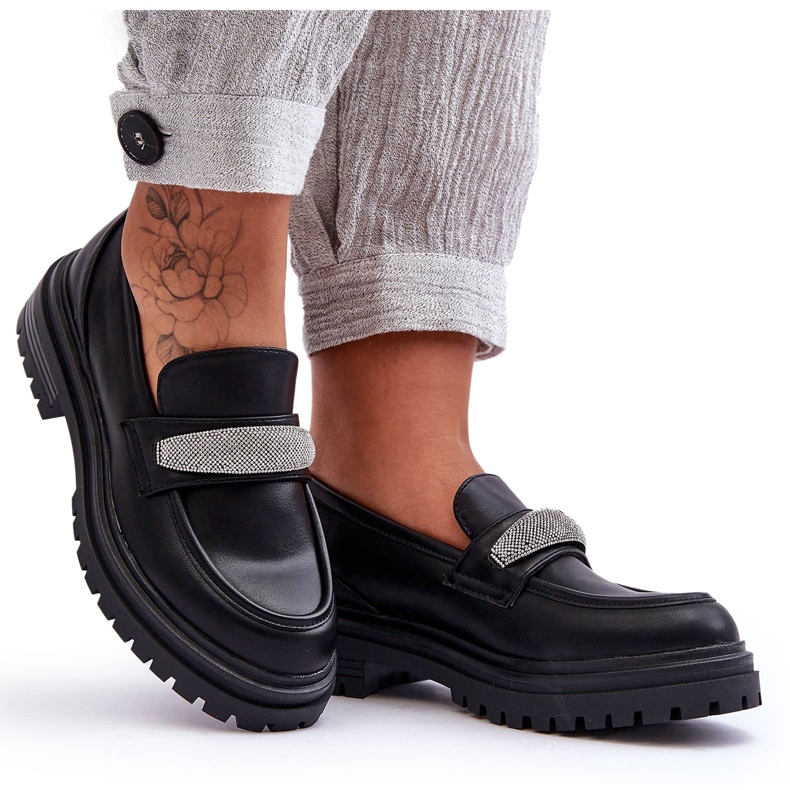 PG1 Aricka's Chunky Black Leather Mocassins Avec Embellissement le noir