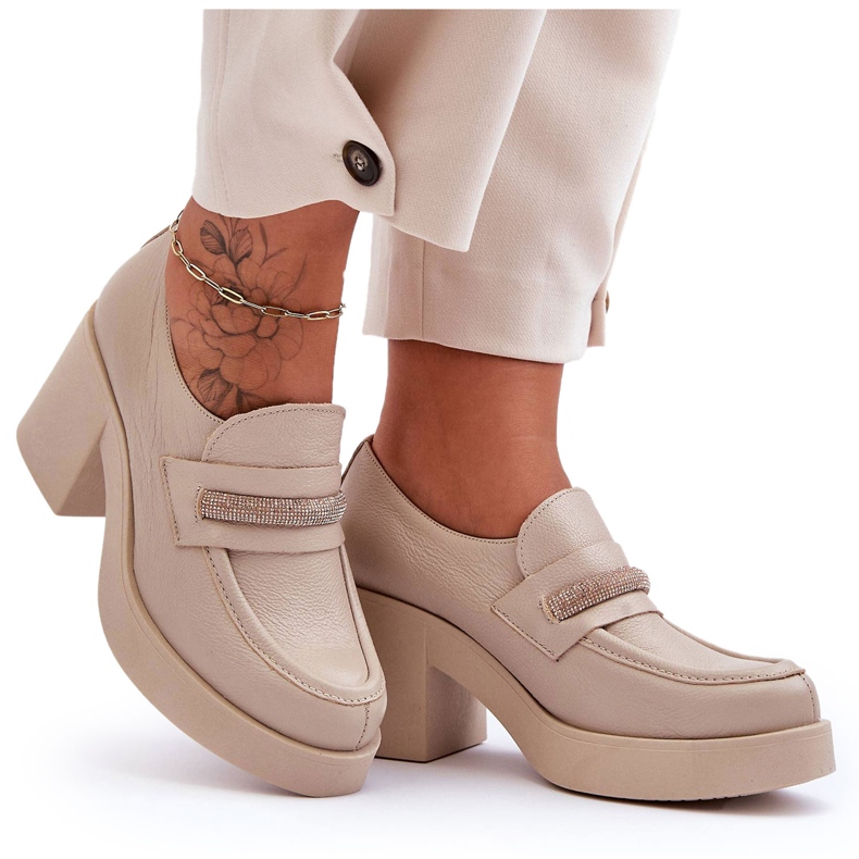 Lemar Chaussures En Cuir Sur Talon Avec Décoration Gelanor Beige