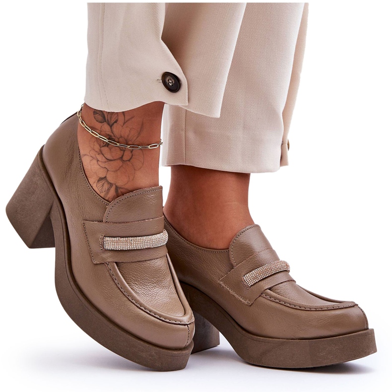 Lemar Richelieus En Cuir Sur Talon Avec Décoration Gelanor Beige Foncé