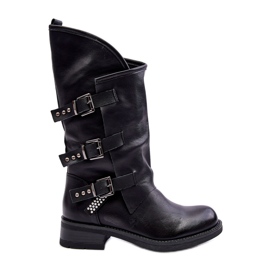 Bottes plates à talons hauts en cuir pour femmes Noir Nyreo