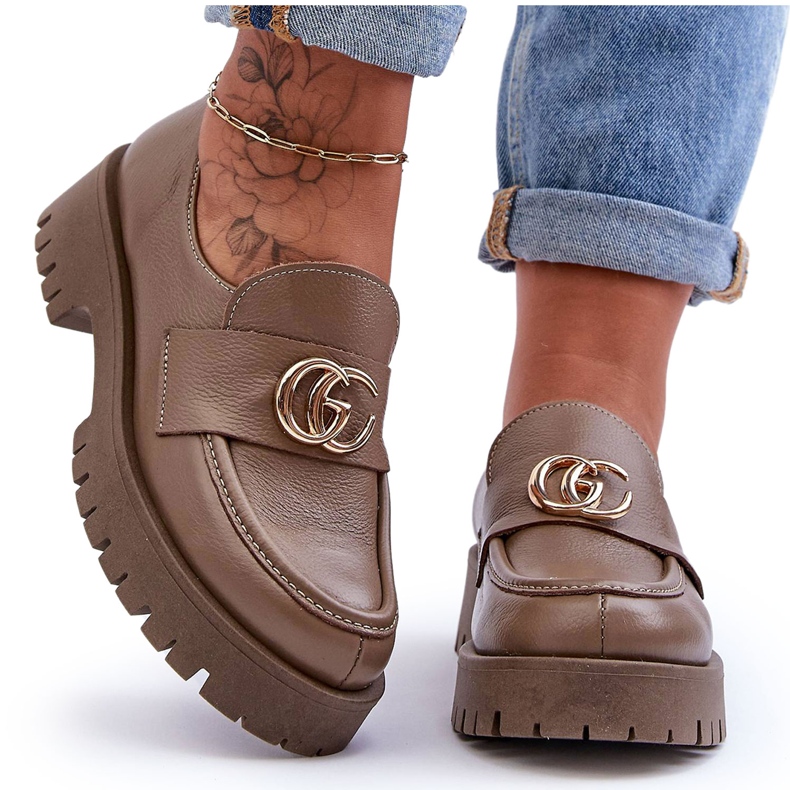 Laura Messi Chaussures En Cuir Pour Femmes Avec Décoration Beige Foncé Rosefalls