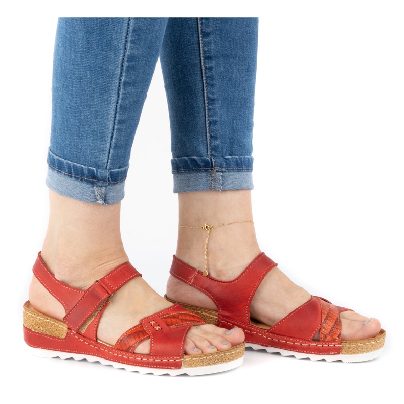 WASAK Sandales confortables en cuir pour femmes 0620W rouge