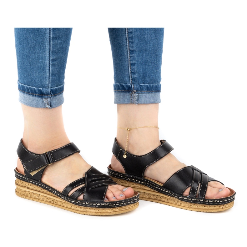 WASAK Sandales confortables en cuir pour femmes 0658W noir le noir