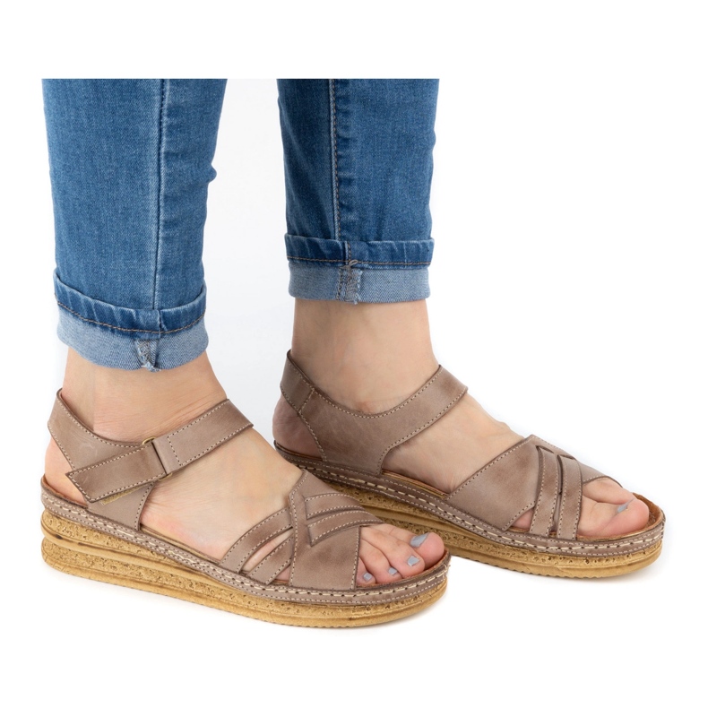 WASAK Sandales confortables en cuir pour femmes 0658W marron beige
