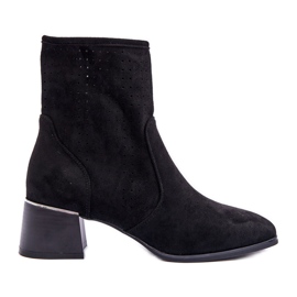 Bottines à Talons Hauts Ajourées en Daim Perles Noires le noir