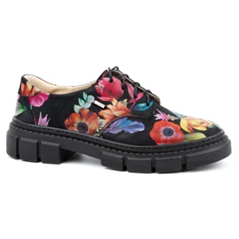 ARS Chaussures femme en cuir sur semelle épaisse à fleurs 1163 noir