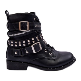 LU BOO Bottines pour enfants avec clous, fermeture éclair et boucles, noires le noir