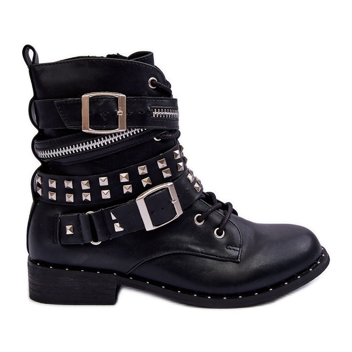 LU BOO Bottines pour enfants avec clous, fermeture éclair et boucles, noires le noir