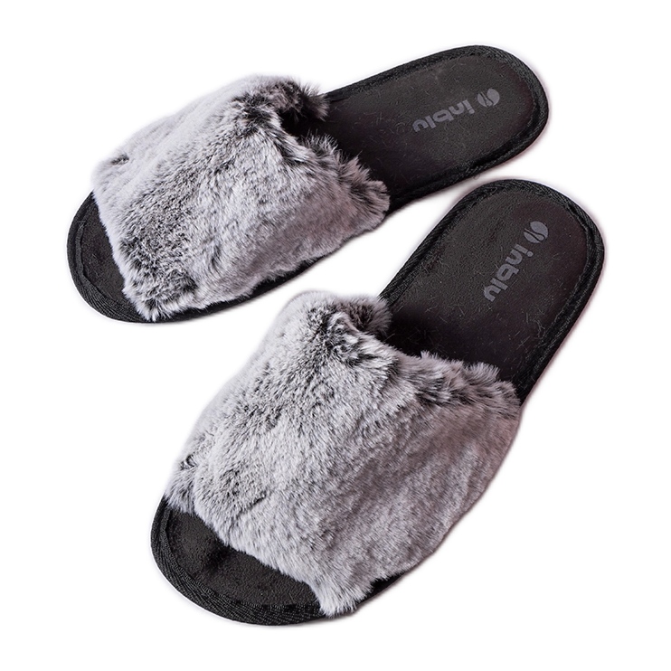 Inblu Chaussons Giacomo noirs avec fourrure grise
