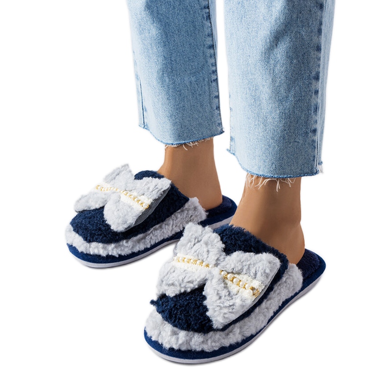 Chaussons bleu marine et gris avec noeud