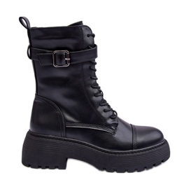 Bottes de Travail en Cuir à Talon Plat avec Boucle, Noir Samivlo