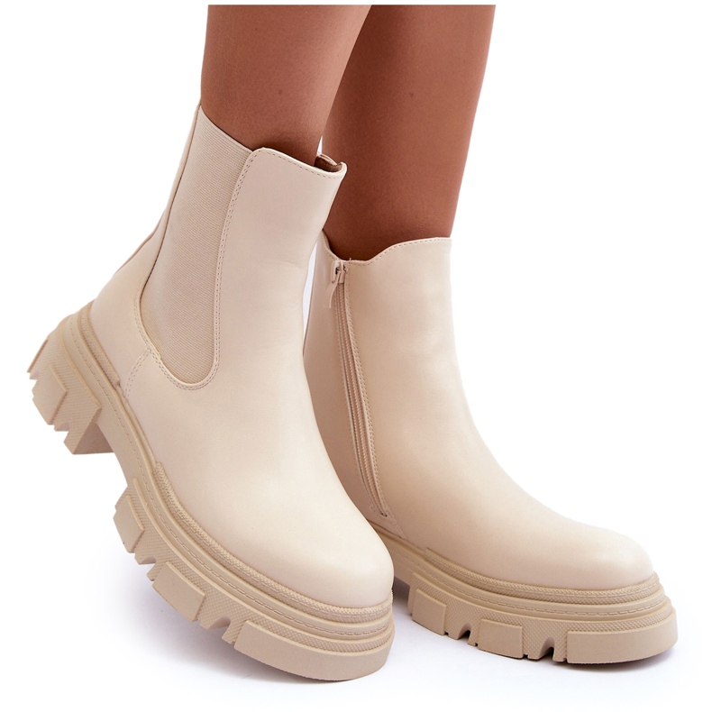 Bottines Chelsea en cuir à talons plats et plateforme, beige clair Solita