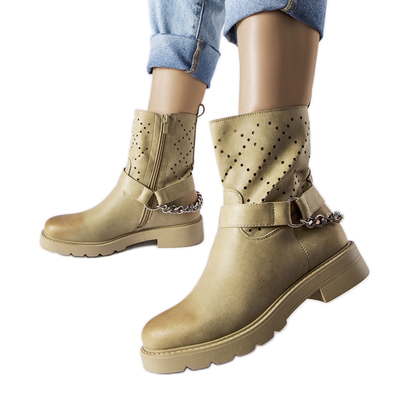 Bottines vertes ajourées avec chaîne Procopio beige