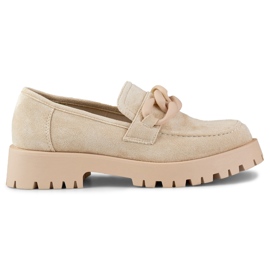 Mocassins femme en daim beige avec chaîne