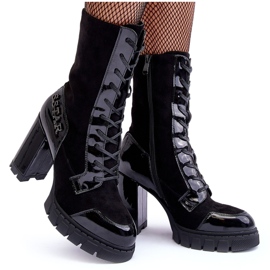 Bottines à lacets en cuir sur talon haut massif, Black Khariah noir