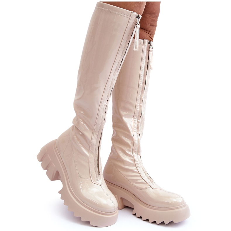 PS1 Bottines en cuir verni sur plateforme massive avec fermeture éclair, Beige Ringo