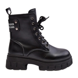PS1 Bottines à lacets pour femmes sur talon plat, noir Brenhile