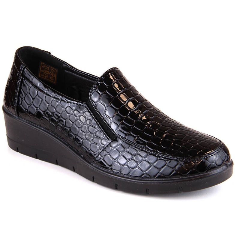 Chaussures compensées confortables en crocodile verni pour femme, noires, T.Sokolski J23-321 le noir Chaussures compensées confortables en crocodile verni pour femme, noires, T.Sokolski J23-321 le noir
