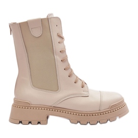 Bottes de travail en cuir à lacets pour femmes Beige clair Nicole 2836 Bottes de travail en cuir à lacets pour femmes Beige clair Nicole 2836