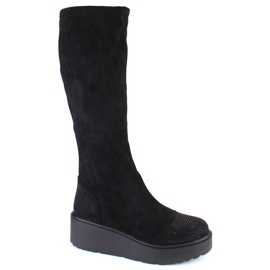 Bottines compensées femme en daim, isolées, noires S.Barski HY53-8