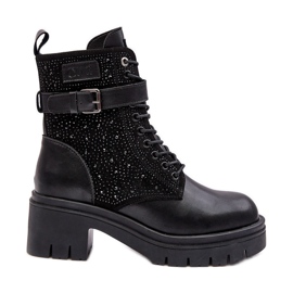 Bottines de Travailleuse en Cuir Ornées de Strass GOE MM2N4041 Noir le noir