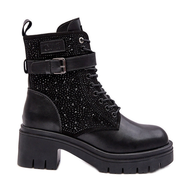 Bottines de Travailleuse en Cuir Ornées de Strass GOE MM2N4041 Noir le noir