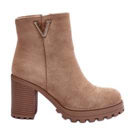 WJ2 Bottines à talons hauts en daim pour femmes avec décoration, beige fort