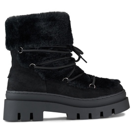 Boots de neige femme noires en fourrure avec laçage décoratif