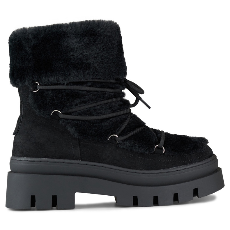 Boots de neige femme noires en fourrure avec laçage décoratif le noir