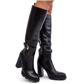 Bottes à talons hauts en cuir pour femmes avec boucle Noir Bordda