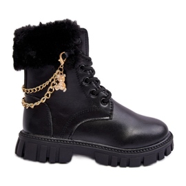 Bottines chaudes pour enfants en cuir avec chaîne, Noir Cadia