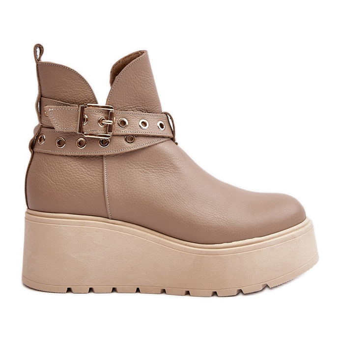 Bottines Femme En Cuir Sur Plateforme Compensée Avec Bretelles Zazoo 1752 Beige