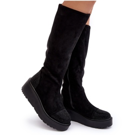 Bottes en daim pour femmes sur la plateforme S.Barski, noires le noir