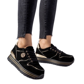 Baskets Therrien en daim noir et doré