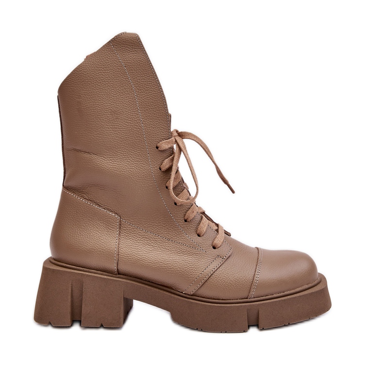 Bottines Worker En Cuir Pour Femme Sur Talon Plat Massif Zazoo 976A Beige Foncé