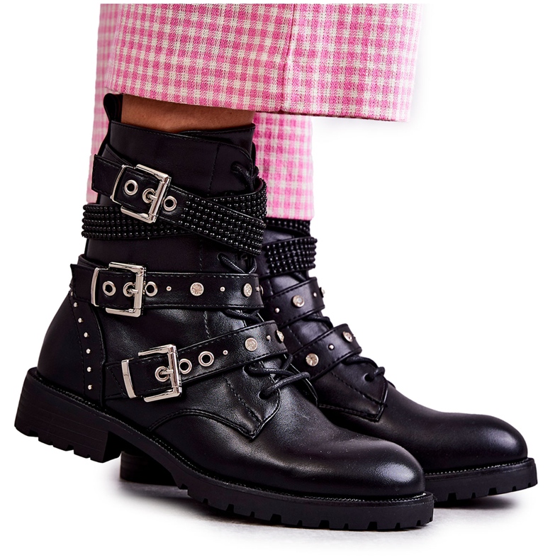 Bottines En Cuir Pour Femme Avec Lanières Décoratives Noir le noir
