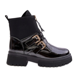 Bottes en cuir verni pour femme à talon plat, noir Rellisa