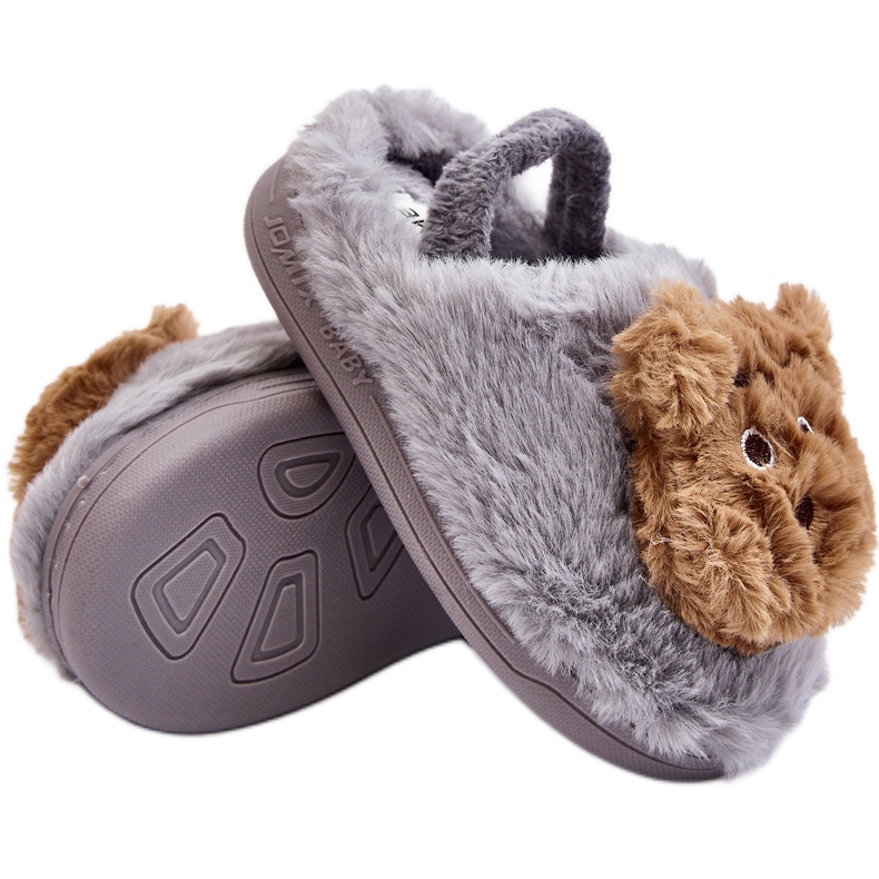 Chaussons en fourrure pour enfants avec ours en peluche, gris Dicera
