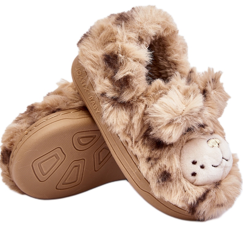 Chaussons enfant en fourrure avec ours en peluche, Beige Apolanie