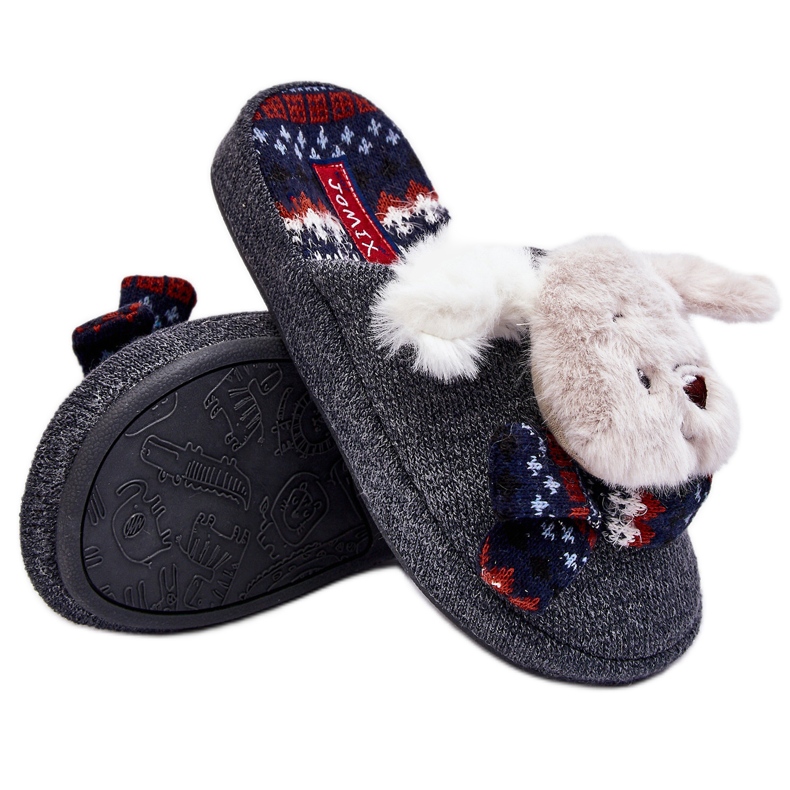 Chaussons enfant semelle épaisse avec ours en peluche, gris Dasca