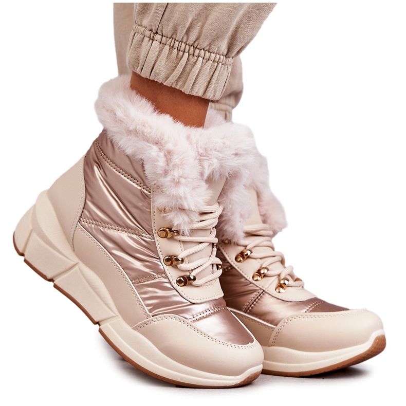 NEWS Bottes de neige pour femmes en dentelle avec la fourrure légère beige