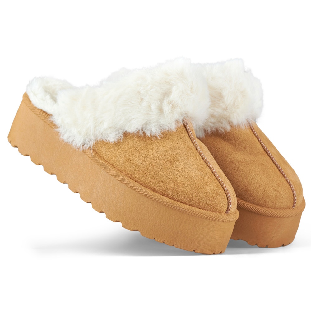 Chaussons femme avec fourrure sur plateforme camel brun