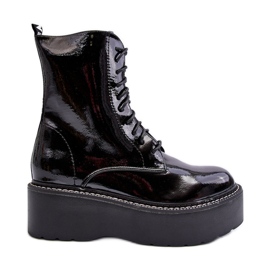 Bottines Femme En Cuir Verni à Semelle Épaisse Noir Movana le noir